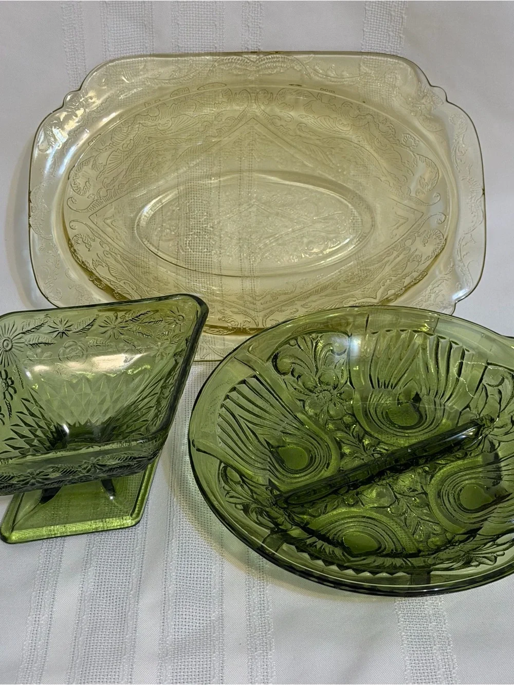 3 Pc Vintage Depression Glass Green Yellow Candy Dish Bowl
